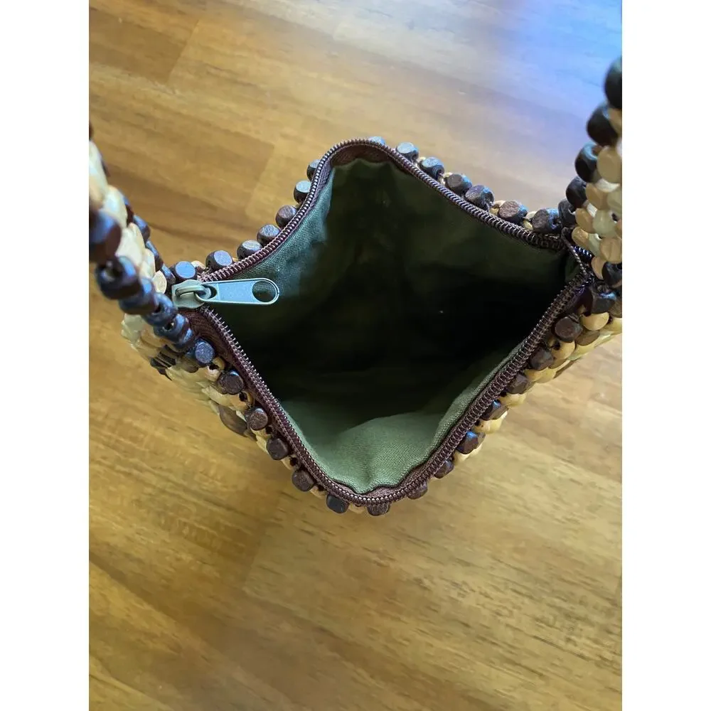 Vintage Wooden Beaded Crescent Shaped Bag Natural 90s Y2K EUC Small Purse Boho